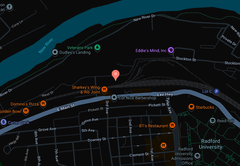 Sysk Technology Location Map showing 1105 West St., Radford, VA 24141